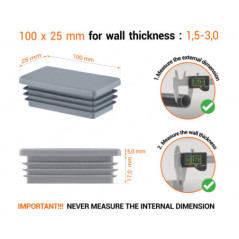 Grey rectangular tube insert for 25x100 mm tube with technical dimensions and guide for correct measurement of the end caps.