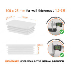 White rectangular tube insert for 25x100 mm tube with technical dimensions and guide for correct measurement of the end caps.