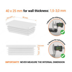 White rectangular tube insert for 25x40 mm tube with technical dimensions and guide for correct measurement of the end caps.