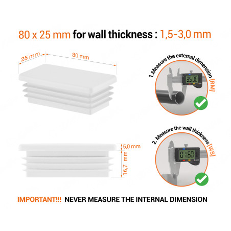 White rectangular tube insert for 25x80 mm tube with technical dimensions and guide for correct measurement of the end caps.