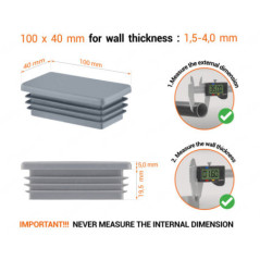 Grey rectangular tube insert for 40x100 mm tube with technical dimensions and guide for correct measurement of the end caps.