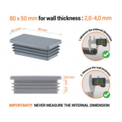 Grey rectangular tube insert for 50x80 mm tube with technical dimensions and guide for correct measurement of the end caps.