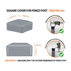 Grey plastic caps for square fence posts. Plastic end cap for 100x100 mm posts. Dimensions chart .