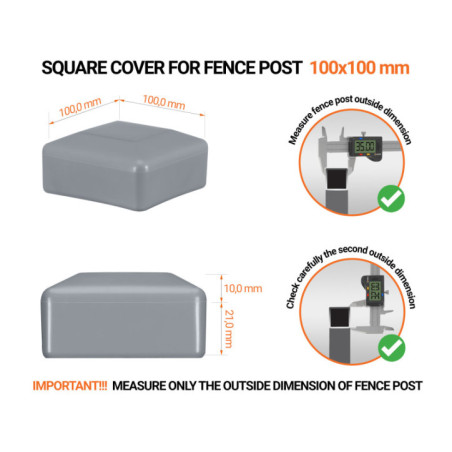 Grey plastic caps for square fence posts. Plastic end cap for 100x100 mm posts. Dimensions chart .