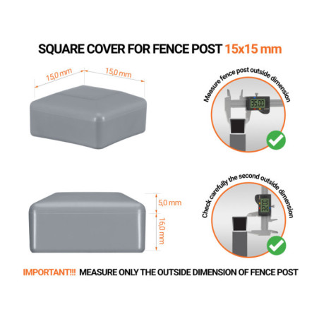 Grey plastic caps for square fence posts. Plastic end cap for 15x15 mm posts. Dimensions chart .