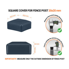 Anthracite plastic caps for square fence posts. Plastic end cap for 20x20 mm posts. Dimensions chart .