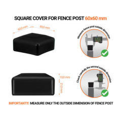 Black plastic caps for square fence posts. Plastic end cap for 60x60 mm posts. Dimensions chart .