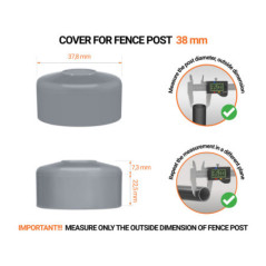 Grey plastic caps for round fence posts. Plastic cap for 38 mm fence post. Dimensions chart .