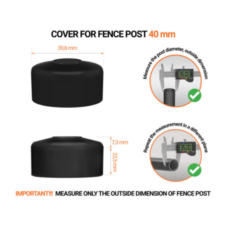 Round post cap 40 mm Black Black plastic caps for round fence posts. Plastic cap for 40 mm fence post. Dimensions chart .