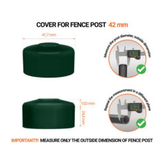 Green plastic caps for round fence posts. Plastic cap for 42 mm fence post. Dimensions chart .