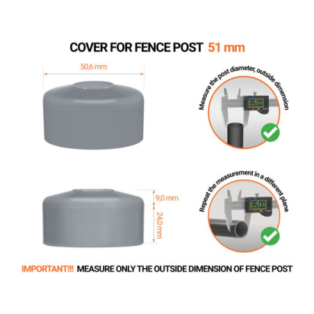 Round post cap 51 mm Grey Grey plastic caps for round fence posts. Plastic cap for 51 mm fence post. Dimensions chart .