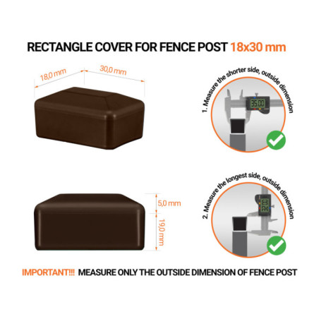 Plastic cap 18x30 mm in Brown colour for rectangular fence posts. Brown plastic caps for rectangular fence posts. Plastic cap for pole for 18x30 mm fence post. Dimensions chart .