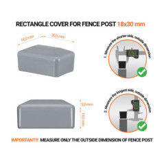 Grey plastic caps for rectangular fence posts. Plastic cap for pole for 18x30 mm fence post. Dimensions chart .