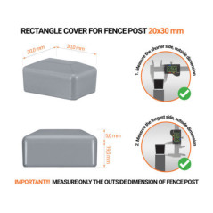 Grey plastic caps for rectangular fence posts. Plastic cap for pole for 20x30 mm fence post. Dimensions chart .