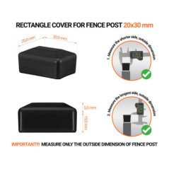 Black plastic caps for rectangular fence posts. Plastic cap for pole for 20x30 mm fence post. Dimensions chart .