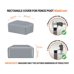 Grey plastic caps for rectangular fence posts. Plastic cap for pole for 40x60 mm fence post. Dimensions chart .