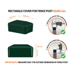 Green plastic caps for rectangular fence posts. Plastic cap for pole for 60x80 mm fence post. Dimensions chart .