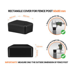 Black plastic caps for rectangular fence posts. Plastic cap for pole for 60x80 mm fence post. Dimensions chart .