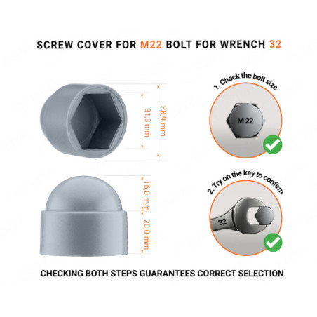 Acorn nut caps M22 key 32. Bolt caps in Grey colour 10 pieces