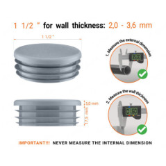 Grey round plastic end caps for 1 1/2" tube with technical dimensions .