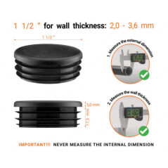 Black round plastic end caps for 1 1/2" tube with technical dimensions .