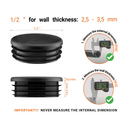 Black round plastic end caps for 1/2"  tube with technical dimensions .