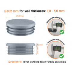 Grey round plastic end caps for 102 mm tube with technical dimensions .