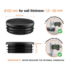 Black round plastic end caps for 102 mm tube with technical dimensions .