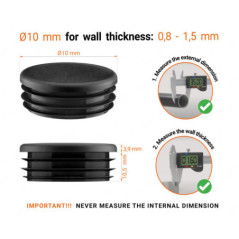 Black round plastic end caps for 10 mm tube with technical dimensions .