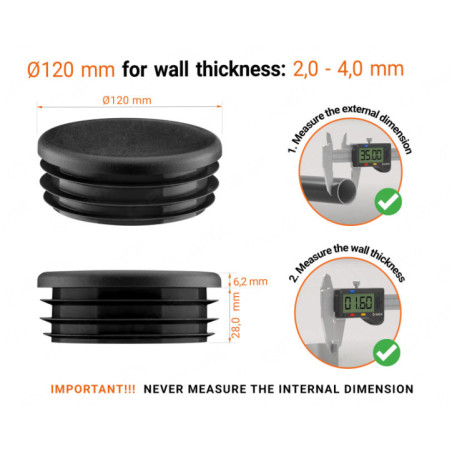 Round plastic tube inserts 120 mm in Black colour 10 pieces