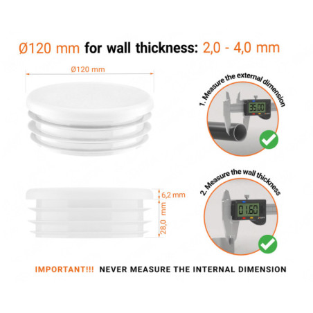 Round plastic tube inserts 120 mm in White colour 10 pieces