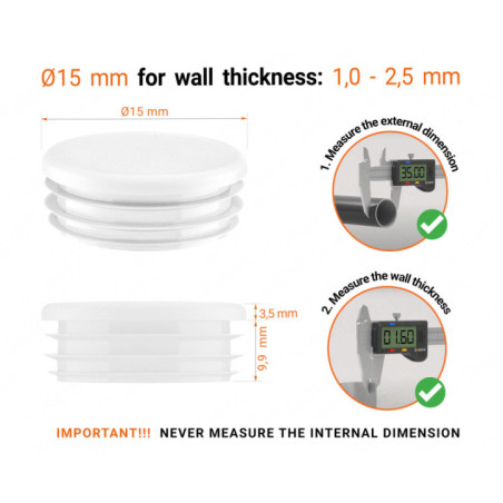 Round plastic tube inserts 15 mm in White colour 10 pieces