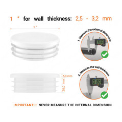 White round plastic end caps for 1"  tube with technical dimensions .