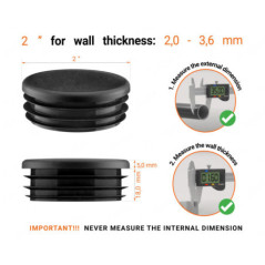 Black round plastic end caps for 2"  tube with technical dimensions .