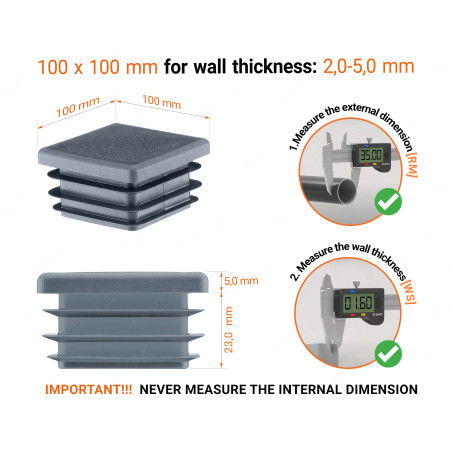 Anthracite square end cap, 100x100 mm, to close and protect metal tube ends.