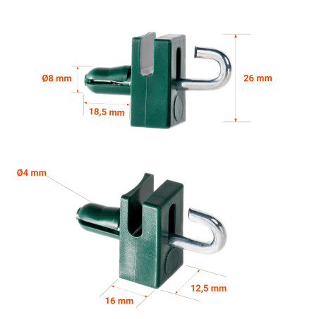 Plastic holder with hooked nail for wire mesh tensioning wire - Green