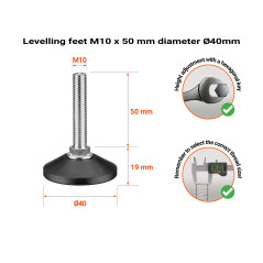 M10 levelling feet with screw, height 50 mm and base diameter Ø40