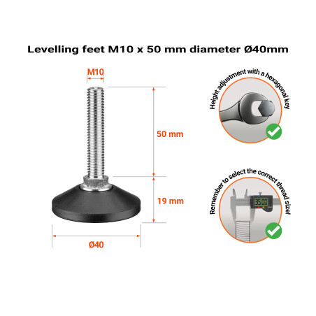 M10 levelling feet with screw, height 50 mm and base diameter Ø40