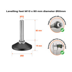 M10 levelling feet with screw, height 80 mm and base diameter Ø50