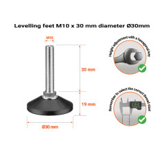 M10 levelling feet with screw, height 30 mm and base diameter Ø30