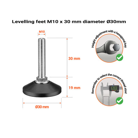 M10 levelling feet with screw, height 30 mm and base diameter Ø30