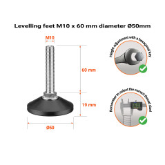 M10 levelling feet with screw, height 60 mm and base diameter Ø50