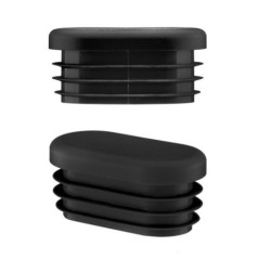 Oval plastic end cap 30x15 mm in black, side and angled view with 3 ribs