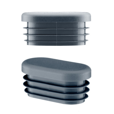 Oval plastic end cap 38x20 mm in anthracite, side and angled view with 3 ribs