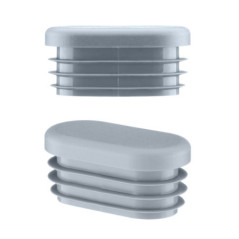 Oval plastic end cap 40x20 mm in grey, side and angled view with 3 ribs