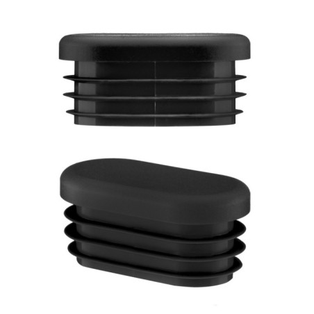 Oval plastic end cap 50x30 mm in black, side and angled view with 3 ribs