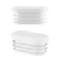 Oval plastic end cap 50x30 mm in white, side and angled view with 3 ribs