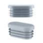 Oval plastic end cap 60x30 mm in grey, side and angled view with 3 ribs