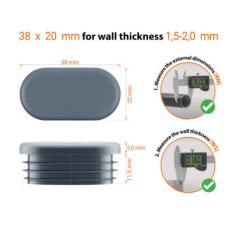  Technical drawing: Oval plug 38x20 mm with wall thickness 1,5-2,0 mm and measuring guide with caliper