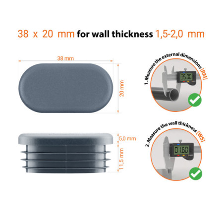  Technical drawing: Oval plug 38x20 mm with wall thickness 1,5-2,0 mm and measuring guide with caliper